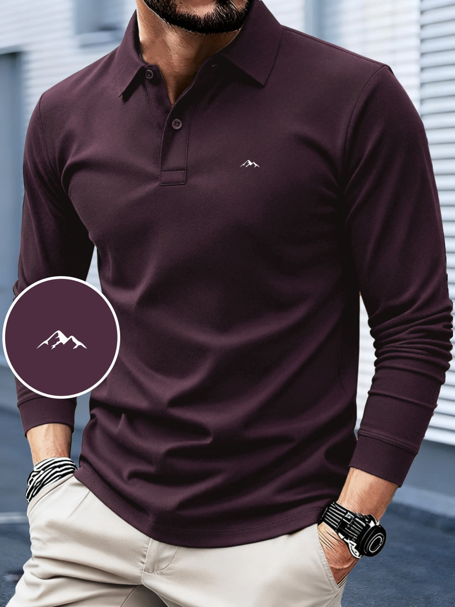 HC2-3459# Mountain Peak Minimalist Fashion Pattern Print, New Autumn/Winter 2025 Long Sleeve Polo Shirt, Contrast Color Design, Fashionable And High-End, Lapel Top, Comfortable And Breathable Fabric, Anti-Wrinkle And Anti-Pilling - Grape Purple