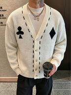 Autumn Winter New Men'S Poker Element Cardigan Sweater, Fun Checkered Contrast V-Neck Knit Jacket, Casual Outerwear - Apricot