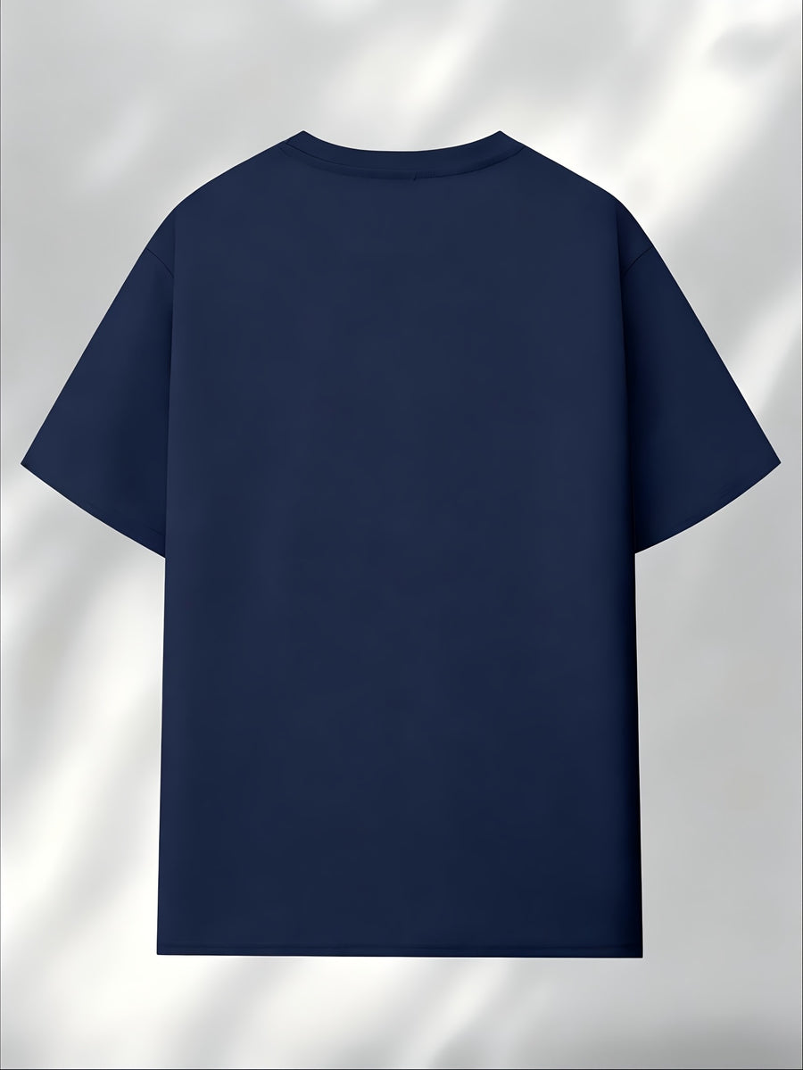 Men'S 2D Novelty Short Sleeve T-Shirt Printed with Minimalist Snowy Paris Elements Pattern, Loose Comfortable Crew Neck, Street Trendy Casual Summer Top, Breathable Fabric - Navy Color