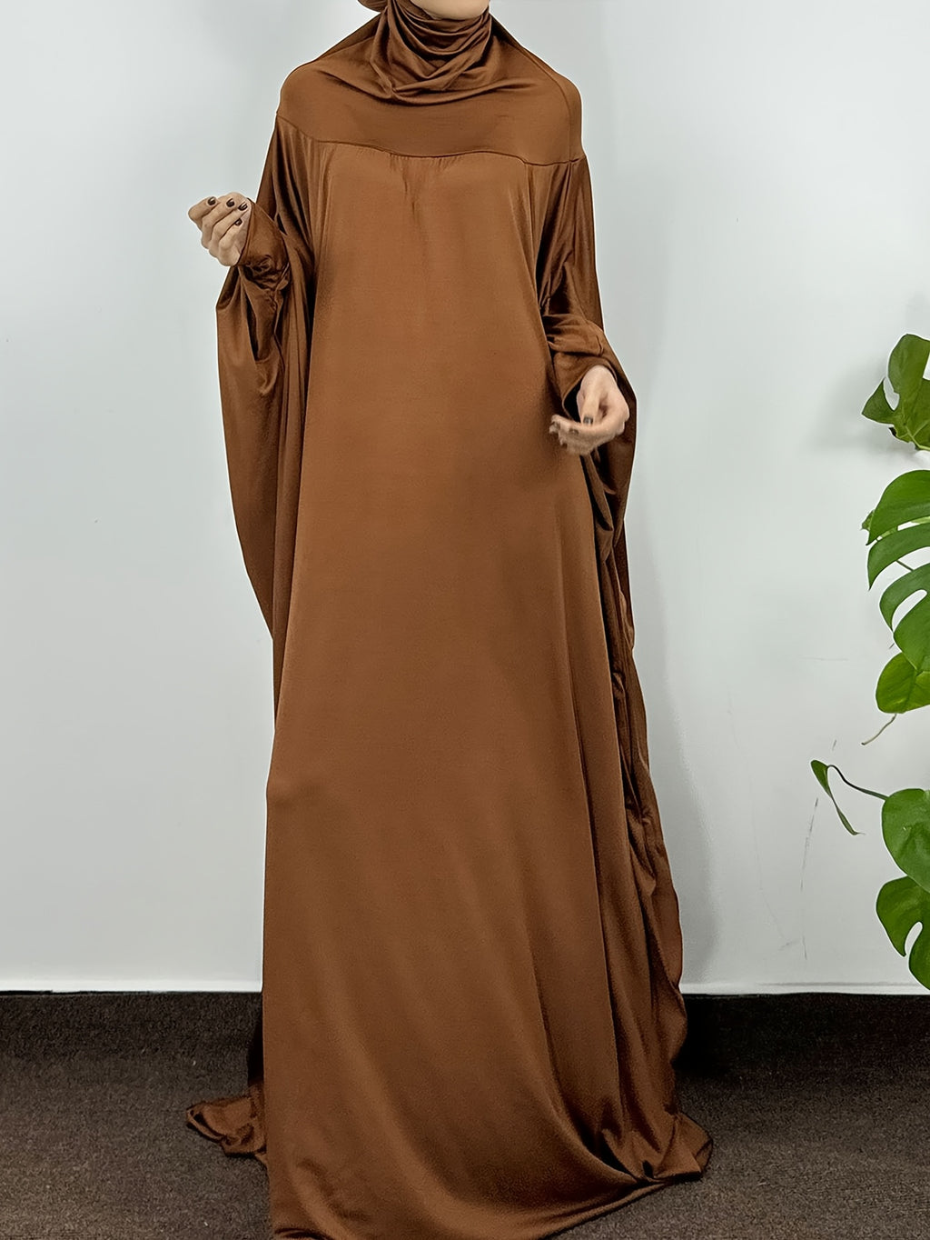 Muslim Smocking Sleeve One-Piece Prayer Robe Hooded Islamic Dubai Saudi Robes Turkish Modesty - Coffee Color