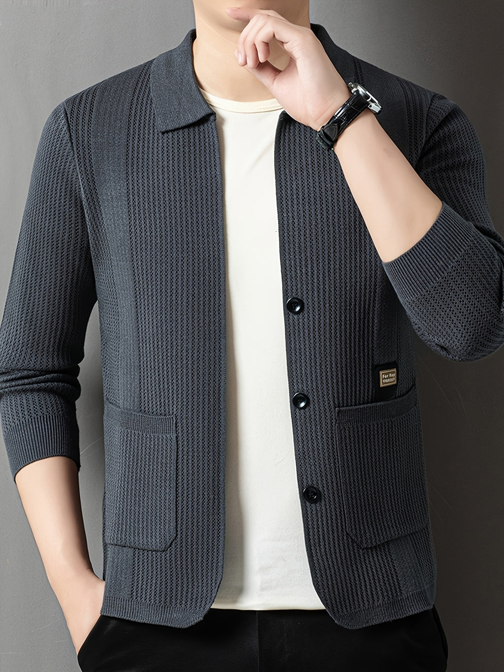 Men'S Spring Autumn Lapel Knit Jacket Cardigan - Grey