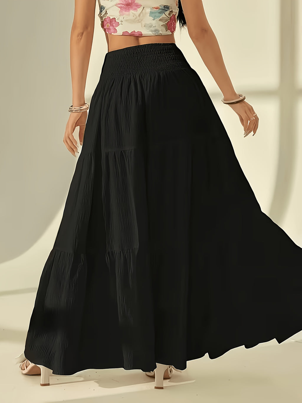 Bohemian Tiered Maxi Skirt, High-Waist Smocked A-Line Flowy Long Skirt, Casual Loose Pleated Solid Color Skirt for Beach Vacation Daily Wear, Women'S Fashion - Black