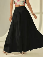 Bohemian Tiered Maxi Skirt, High-Waist Smocked A-Line Flowy Long Skirt, Casual Loose Pleated Solid Color Skirt for Beach Vacation Daily Wear, Women'S Fashion - Black