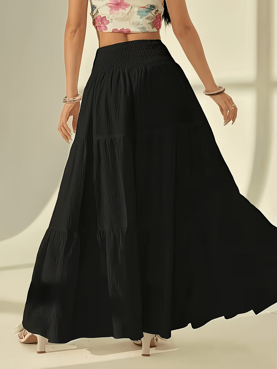 Bohemian Tiered Maxi Skirt, High-Waist Smocked A-Line Flowy Long Skirt, Casual Loose Pleated Solid Color Skirt for Beach Vacation Daily Wear, Women'S Fashion - Black