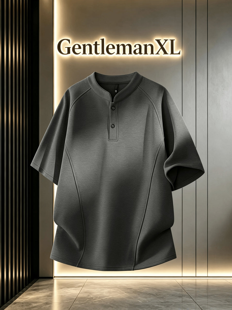Men's Summer Small Henley Collar Two-Button Three-Dimensional Darted Cut Short Sleeve T-Shirt, Unisex Loose Raglan Curved Hem Top - Dark Gray