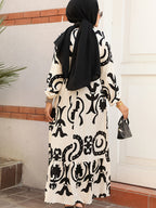 Middle Eastern Elegant Round Neck Tie-Up Vintage Printed Long Sleeve Robe - Milky
