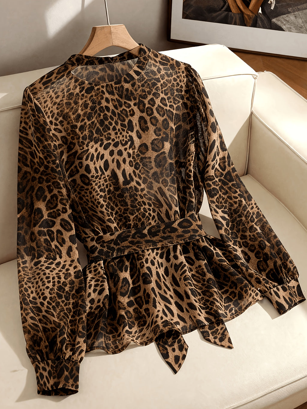 Women'S Leopard Print Round Neck Long Sleeve Tie-Waist Ruffled Blouse - Leopard Print