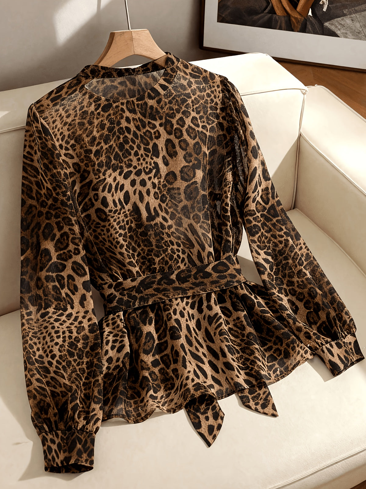 Women'S Leopard Print Round Neck Long Sleeve Tie-Waist Ruffled Blouse - Leopard Print