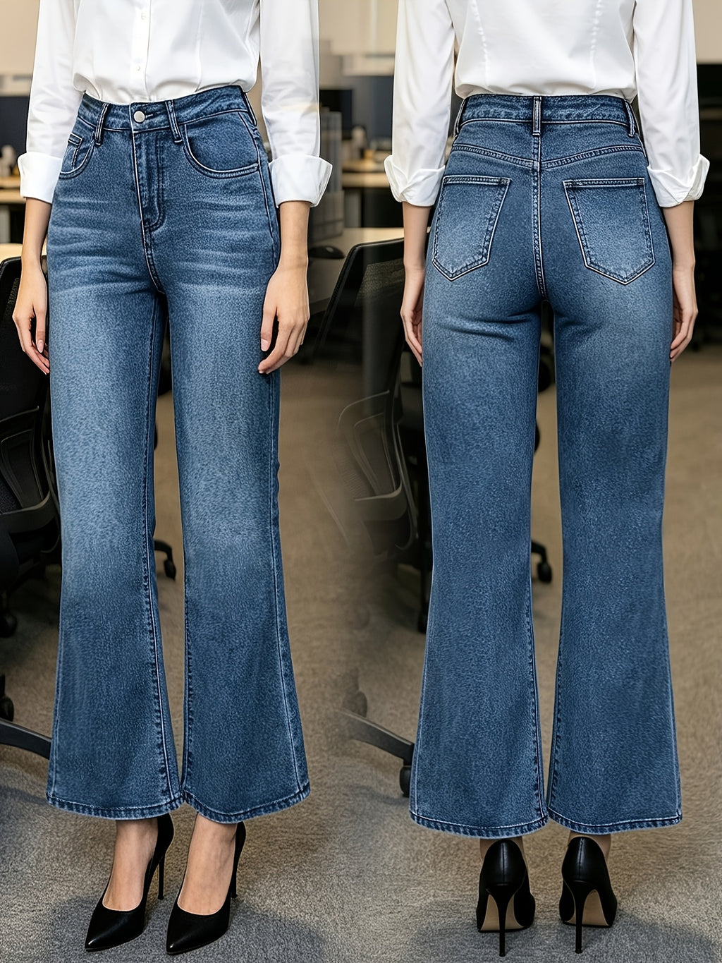 New Arrival Fashion Trendy Washed Stretch Denim Flared Trousers - Medium Blue