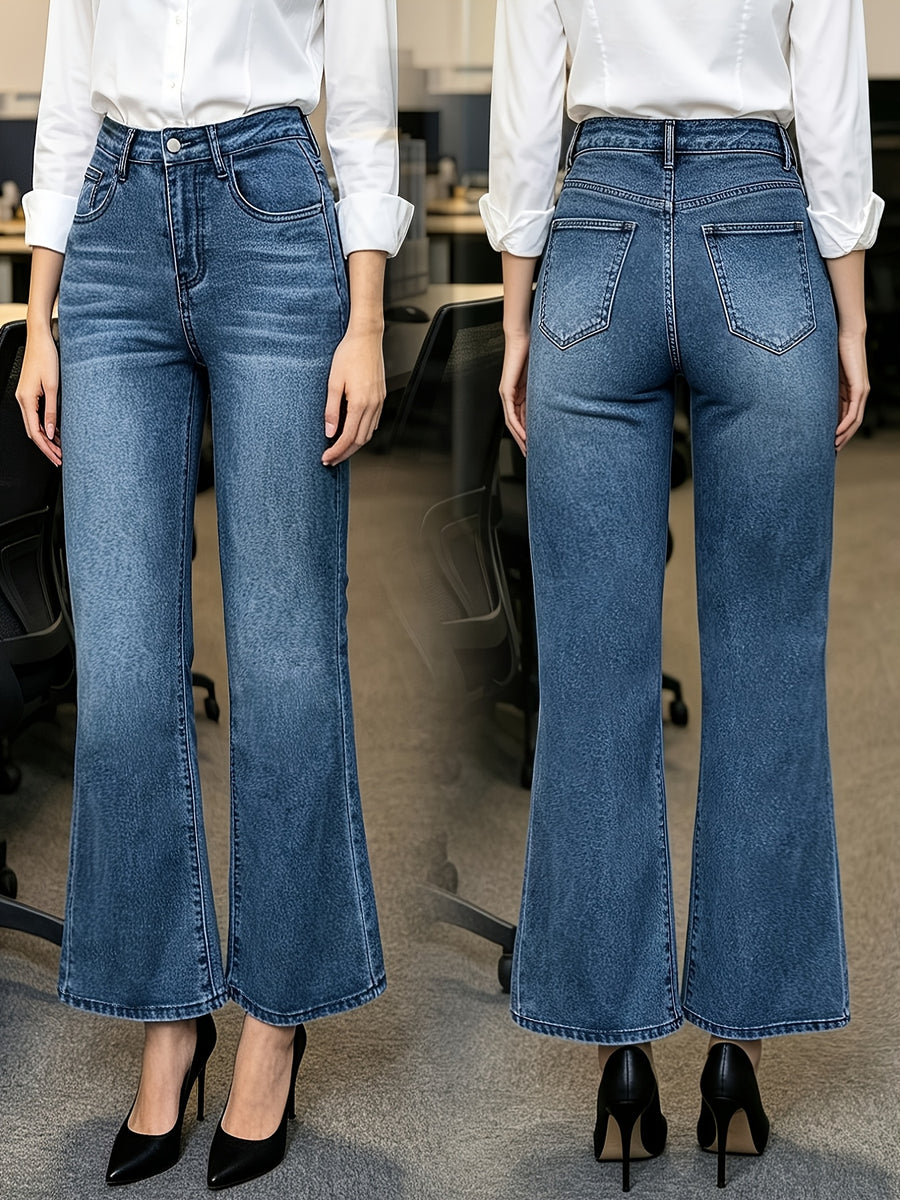New Arrival Fashion Trendy Washed Stretch Denim Flared Trousers - Medium Blue