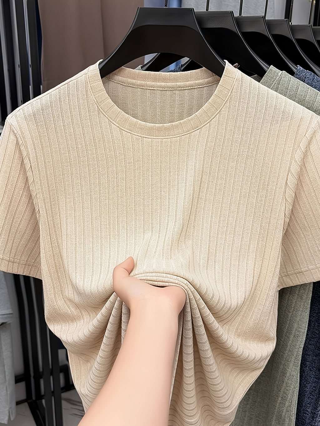 Men'S Round Neck Vertical Ribbed Knit T-Shirt, Summer Breathable Commuter Business Style, Casual Versatile Short Sleeve Top, Basic Round Neck Design, Neat Stitching, Contouring Neckline, Unrestrictive for Daily Activities - Khaki