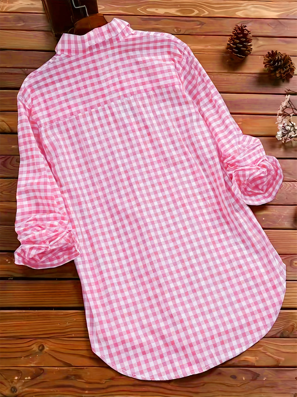 Women'S Spring Summer Casual Retro Commuter Long Sleeve Plaid Shirt - Pink Color