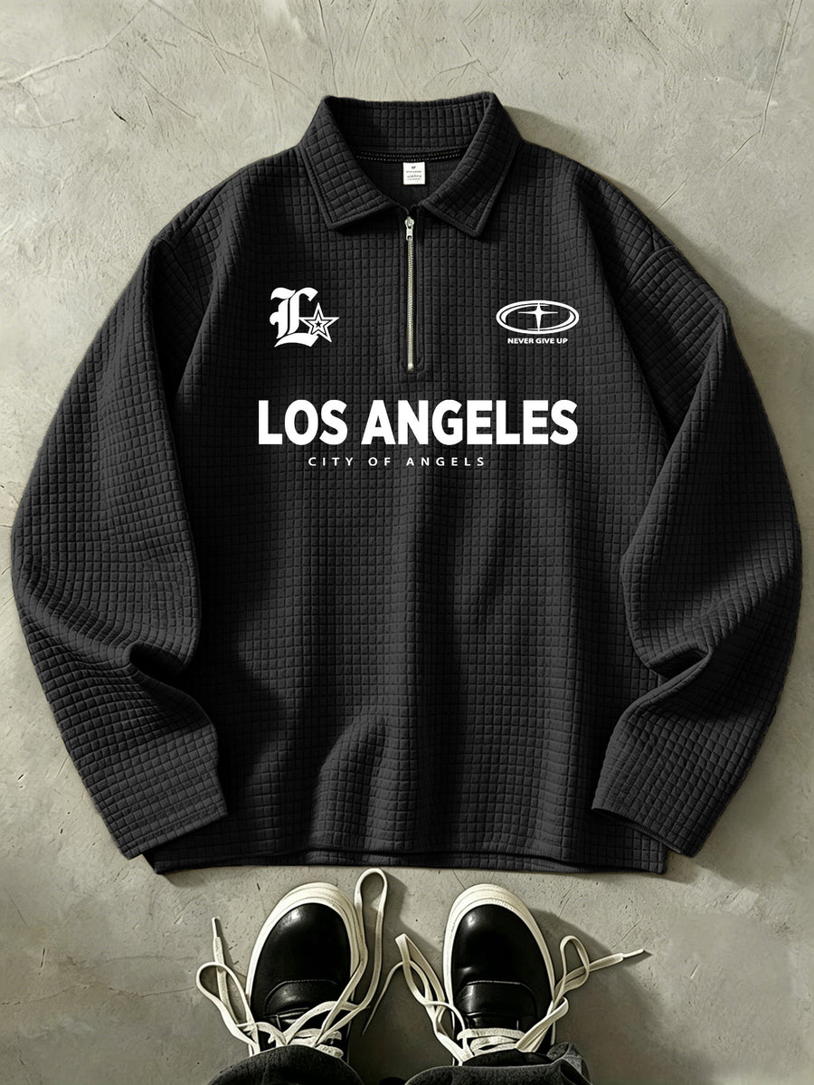 LOS ANGELES Men'S Half-Zip Fashion Waffle Texture Autumn Winter Casual Athletic POLO Shirt Sweatshirt, Street Style Versatile Trendy Long Sleeve Top - Black