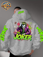 Official Warner Bros. Joker Comic-style Print Featuring Red and Green Ink-splatter Effects and "THE JOKER" Lettering. The Sleeves and Back of the Hood Are Adorned with Green "JOKER" Lettering. This Men's Trendy Printed Hooded Sweatshirt Features - Grey