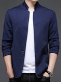 Men's New Spring/Autumn Trendy Mid-Life Stand Collar Blazer Jacket - Navy Color