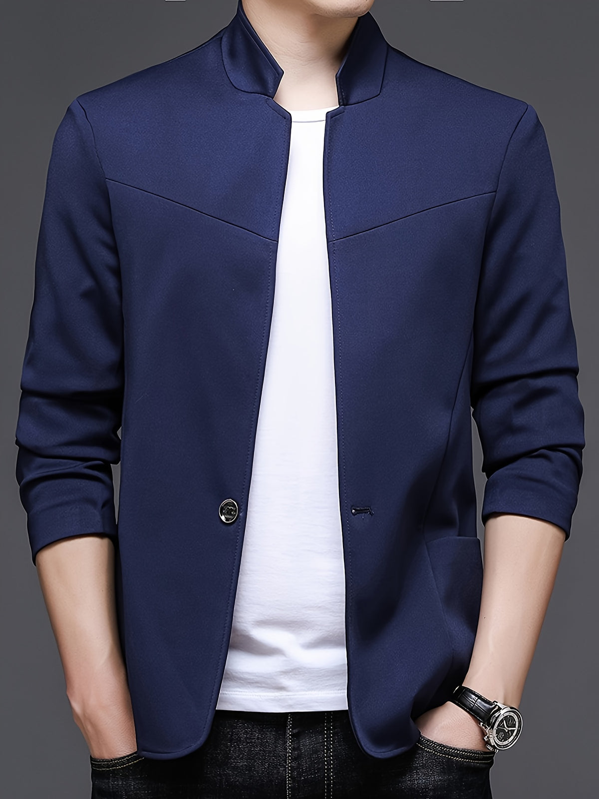 Men's New Spring/Autumn Trendy Mid-Life Stand Collar Blazer Jacket - Navy Color