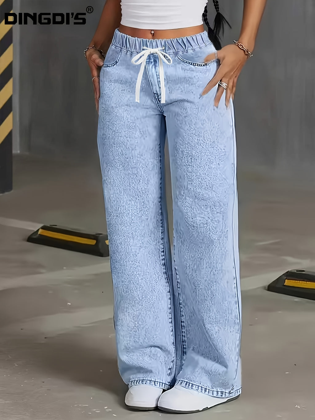 Women's 2026 New Loose-Fit High-Waist Wide-Leg Jeans with Tummy Control, Washed Snowflake Effect with Pockets, Relaxed Fit for Year-Round Wear. Featuring Slant Pockets and Elastic Waistband in Denim Fabric. Comfortable Long Pants Perfect for Travel - Light Blue