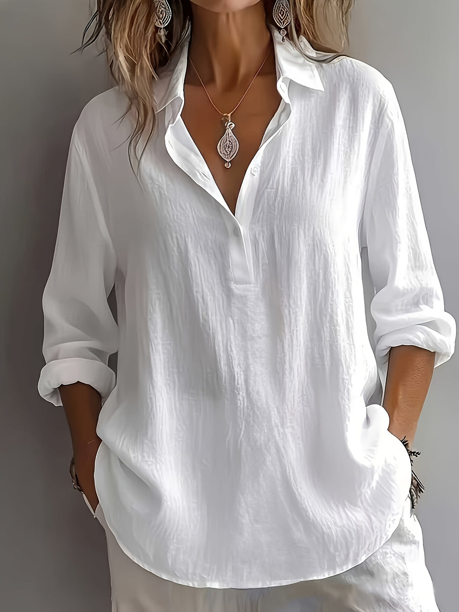 Multi-Color Available Taxi Direction New Stunning Elegant Style Solid Color POIO Collar Long Sleeve Spring Autumn All-Season Versatile Shirt - White