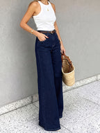 Women's Stretchy Dark Blue/Denim Blue High-Waist Stretch Wide-Leg Jeans, Belt-Free, Elegant and Classy, Essential for Casual Outings and Summer Travel - Deep Blue