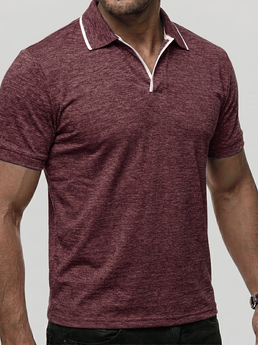 Summer Men'S Short Sleeve T-Shirt, Men'S Business Shirt, Round Neck Lapel Contrast Men'S T-Shirt, Casual Party, Suitable for Various Styles, Travel, Golf, Daily, Suburban Tourism, Family Travel, Parent-Teacher Meeting, Casual Short Sleeve Top, Knit - Fuchsia