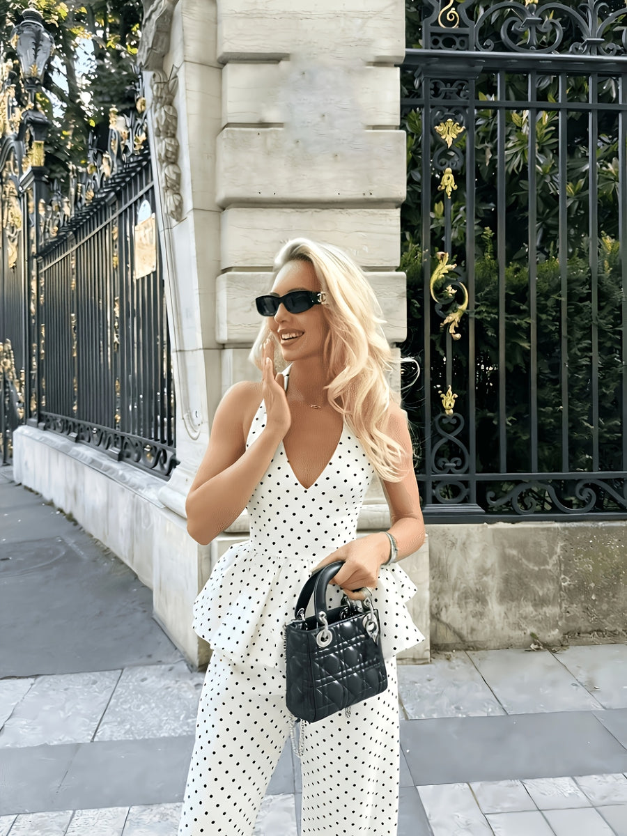 Elegant French Polka Dot V-Neck Ruffled Hem Top And Pocket Long Pants 2pcs Set, Vacation, Commute, Party, Back to - Light White+Black Color