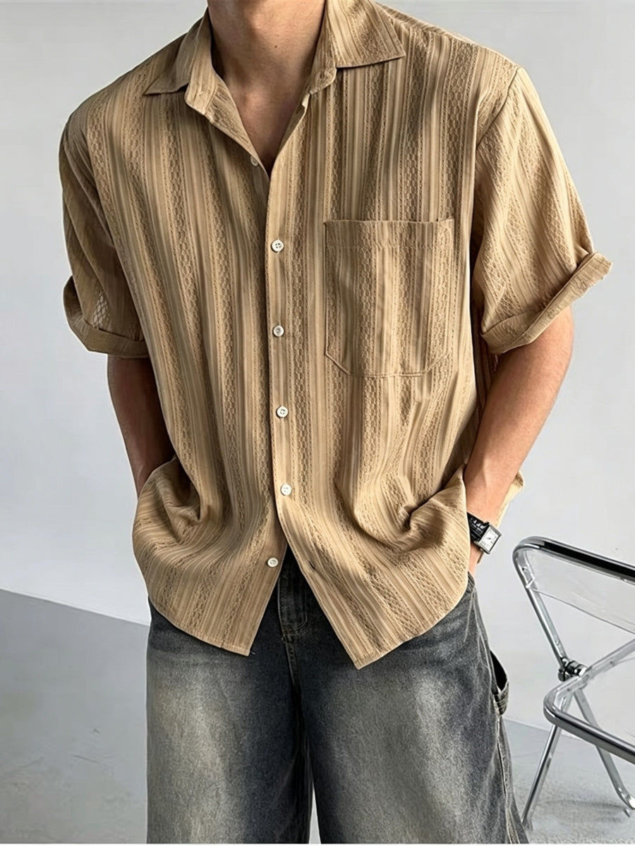 Men's Hollow Out Striped Short Sleeve Shirt, Cuban Collar, Casual Summer Beach Blouse, KhakiMen's Casual Cuban Collar Shirt, Hollow Out Stripe Texture, Short Sleeve, Loose Fit, Summer Daily TopSummer Men's Khaki Striped Shirt, Cuban Collar - Wheat-colored