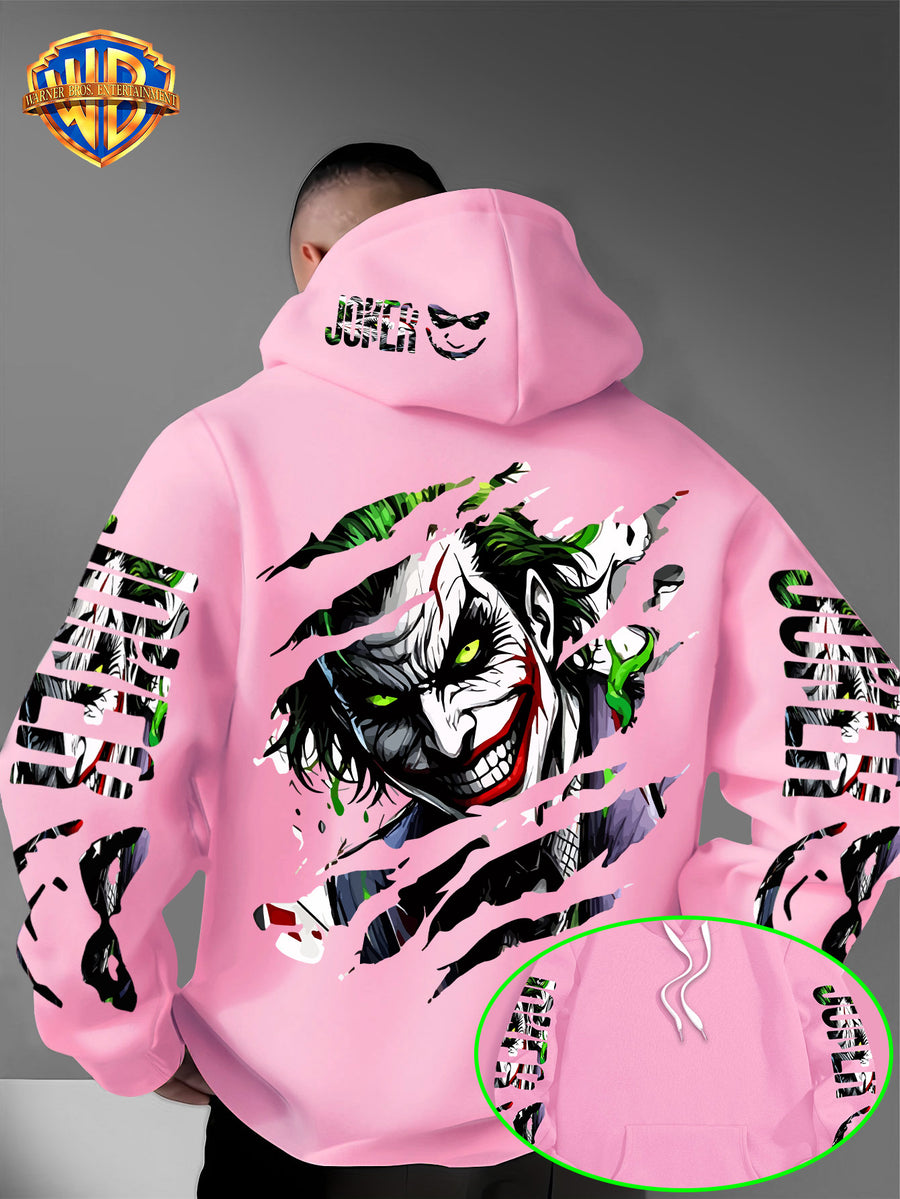 WB Men's Joker Print Hooded - Warner Bros. Official & Iconic Joker Design, Loose Fit Hoodie with Hooded Pullover, Machine Washable Streetwear for Fall/Winter Casual Wear Suitable for Autumn and Winter Warmth - Pink Color