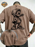 Warner Bros Official Hand-Drawn Cartoon Print Washed T-Shirt, Men's 100% Pure Cotton Fabric, Casual and Comfortable Style, Loose Fit Breathable Short Sleeve Men's Casual Top, Distressed Washed Loose Fit - Khaki