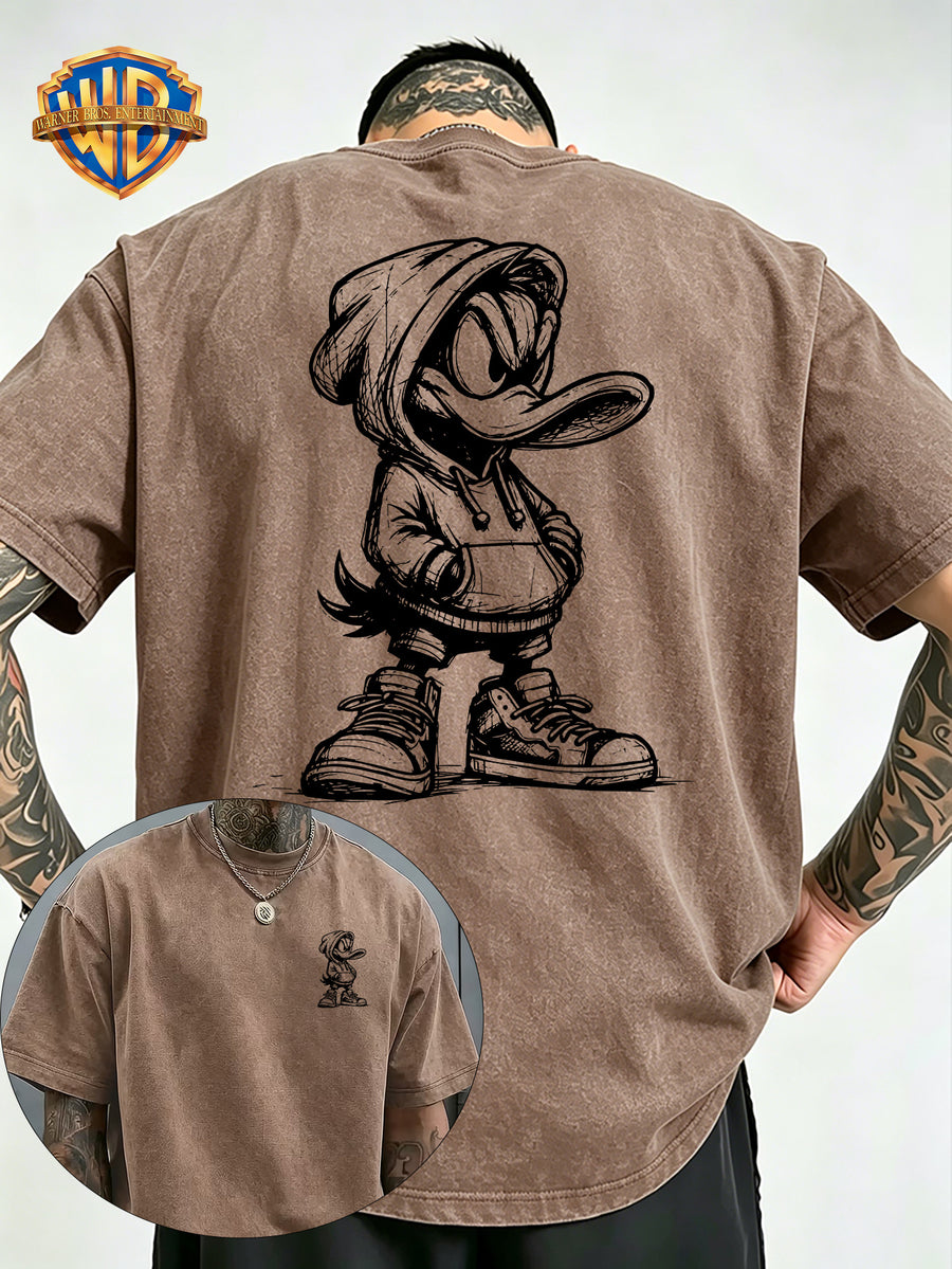 Warner Bros Official Hand-Drawn Cartoon Print Washed T-Shirt, Men's 100% Pure Cotton Fabric, Casual and Comfortable Style, Loose Fit Breathable Short Sleeve Men's Casual Top, Distressed Washed Loose Fit - Khaki