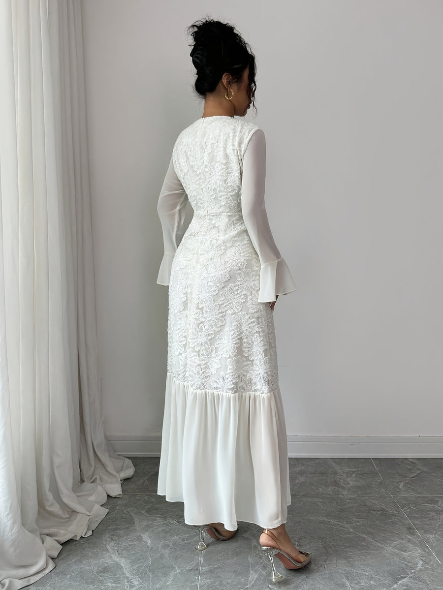 Women's Elegant -Line Maxi Dress with Print Long Dress - Full-Length -Length Gown Suitable for Weddings, Parties, Proms, Galas - Machine Washable Round Neck Zipper Closure Dress - Milky