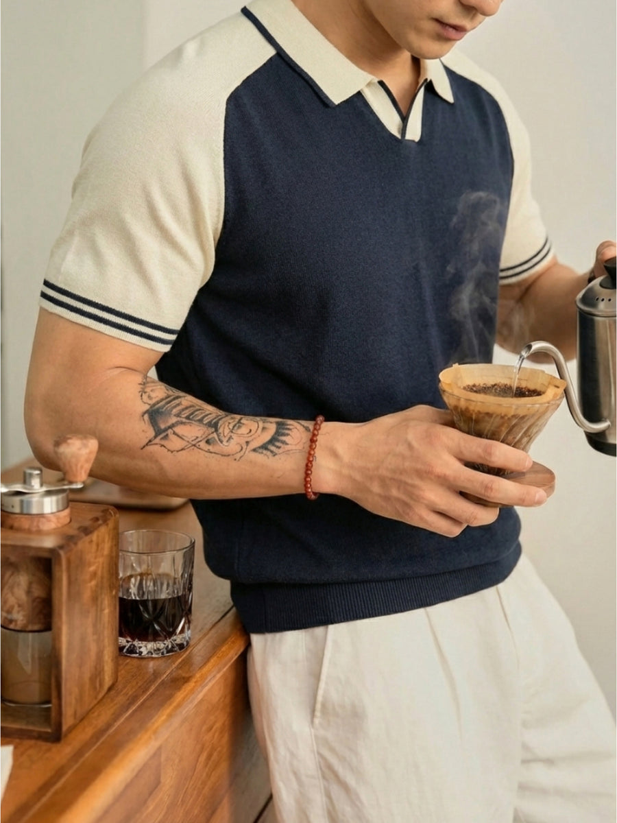 Men's Color-Block Summer Breathable Saddle Shoulder Knit Shirt, Short Sleeve Lapel V-Neck Casual Light Business Knit Top - Navy Color