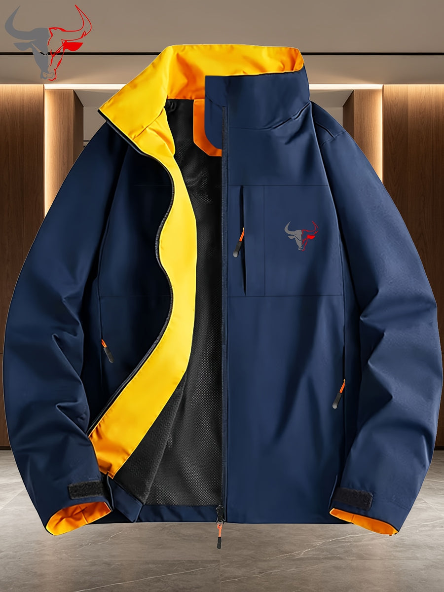 Gray- Head Pattern Contrast Lining Full Zip Stand Collar Windproof Jacket, Men Women Spring Autumn White Multi-Pocket Outdoor Fleece Coat Winter Clothes for Men - Navy Color