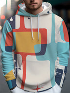 Men's  Streetwear Brand Hooded Sweatshirt with Colorful Geometric Intersecting Patterns in a Modern Abstract Style - Full of Streetwear Brand Flair, Rich in Pattern Elements and Artistic Sensibility, Effortlessly Creating a  Outfit. The Drawstring - Multicolor