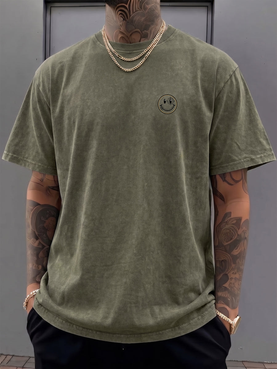 Short-sleeve T-shirt, Half-sleeve Top with a Small Joyful Face and Simple Circular Logo Print on the Chest, Trendy Print Available in 12 Colors for Mix-and-match. Made of Pure Cotton with a Washed and Distressed Effect, Featuring a Loose Fit. - Olive Green