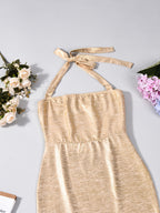 Summer Women'S New Elegant Fashion Tie-Design Flared Hem Pleated Ruffle Dress, Suitable for Parties, Evening Gowns, And Wedding Bridesmaids - Golden