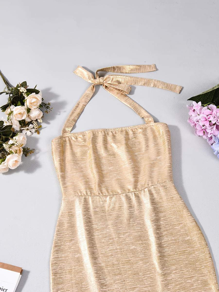 Summer Women'S New Elegant Fashion Tie-Design Flared Hem Pleated Ruffle Dress, Suitable for Parties, Evening Gowns, And Wedding Bridesmaids - Golden