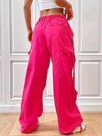 Street Style Loose Fit Drawstring Ankle Scarf Fashion Utility Pants Wide Leg Casual Long Trousers - Rose Red