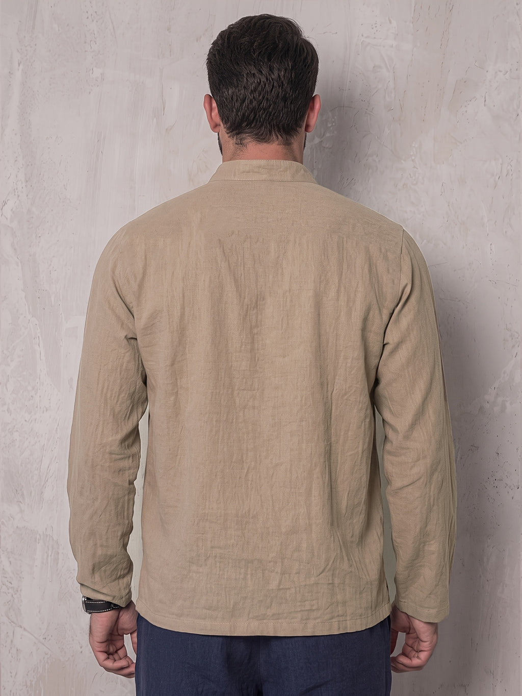 Men'S Asymmetrical Lapel Henley Long Sleeve Shirt, Stand Collar Button-Up Retro Casual Commute Top, Men'S Henley Shirt - Khaki