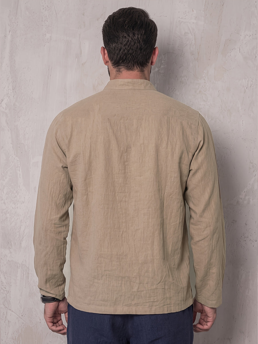 Men'S Asymmetrical Lapel Henley Long Sleeve Shirt, Stand Collar Button-Up Retro Casual Commute Top, Men'S Henley Shirt - Khaki