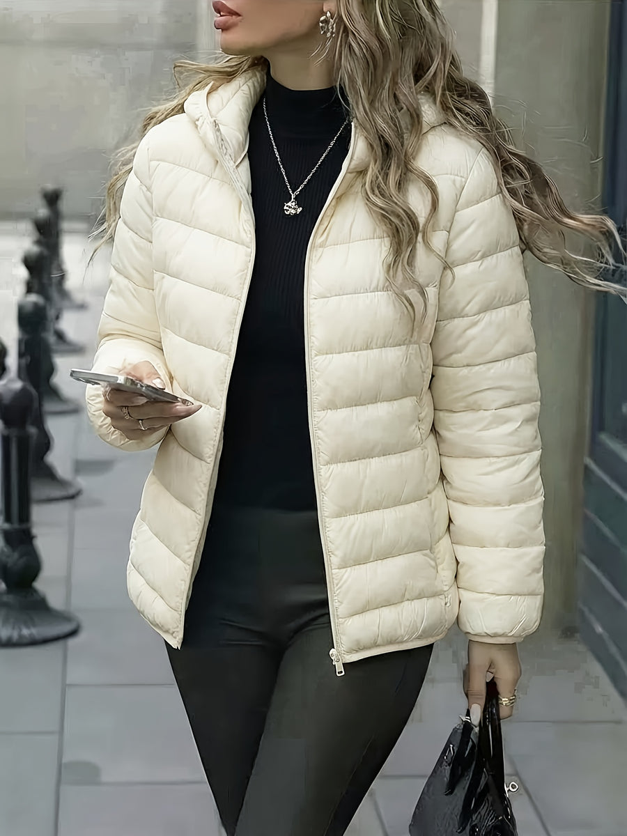 Spring, Autumn, Winter Women's Padded Coat, Fall/Winter Women's Apparel, Hooded Design, Full Zip Front, New Year, Valentine's Day, Popular Korean Top, Suitable for Office, Commuting, Shopping, Simple Outerwear, Coat for Petite Women, High-Quality - Milky