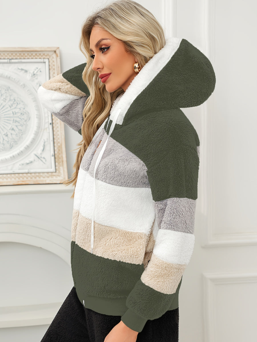Women's Fuzzy Hooded Jacket Color Block Zip-Up Coat Warm Outerwear with Pockets for Autumn Winter Casual Outdoor Wear - fern green
