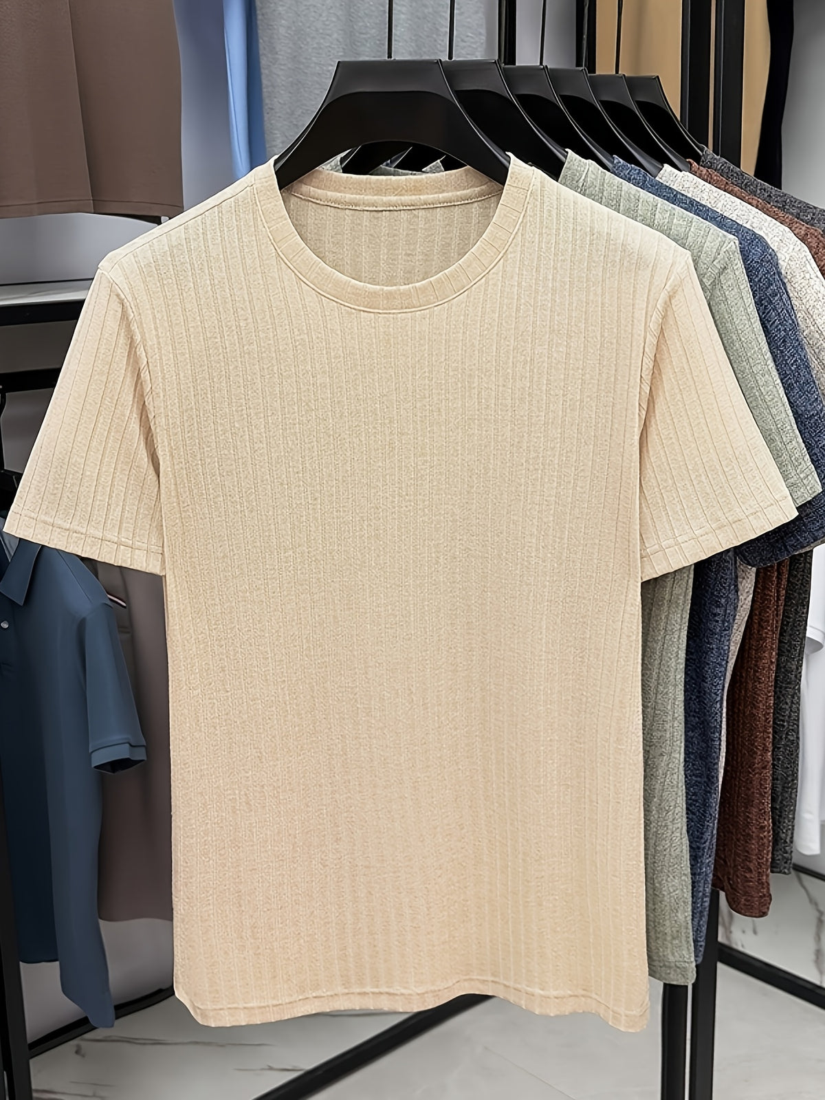 Men'S Round Neck Vertical Ribbed Knit T-Shirt, Summer Breathable Commuter Business Style, Casual Versatile Short Sleeve Top, Basic Round Neck Design, Neat Stitching, Contouring Neckline, Unrestrictive for Daily Activities - Khaki