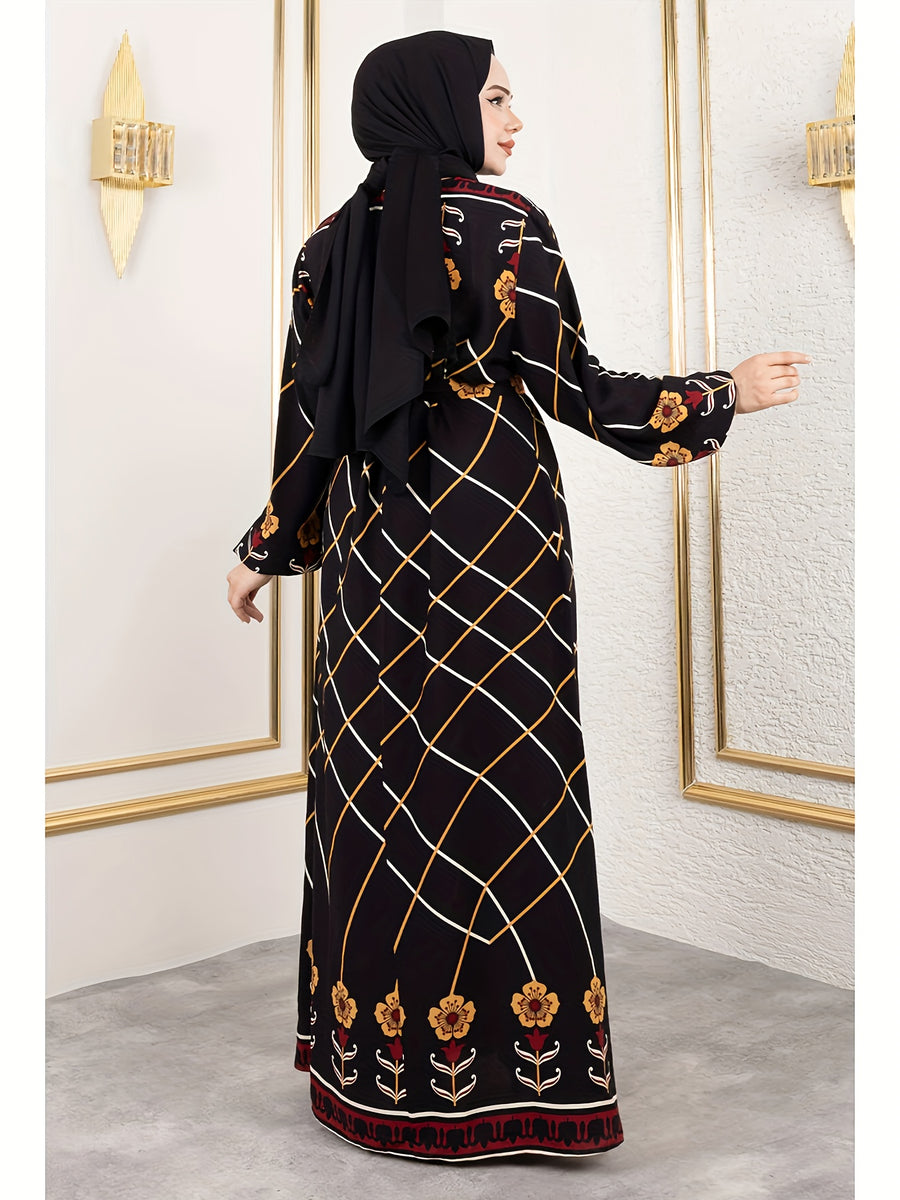 New Middle Eastern Muslim Elegant Temperament Floral Print Round Neck Tie-Up Abaya, Headscarf Not Included - Black