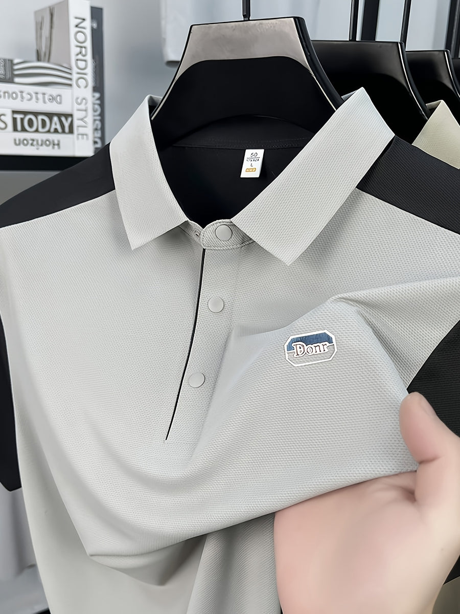 Men's Summer Lapel Polo Shirt - Contrast Color Short-Sleeve T-Shirt with Lapel Collar & Asymmetrical Hem, Breathable Business Casual Top Suitable for Work, Office, Semi-Formal Wear, Machine Washable Regular Fit - Light Grey