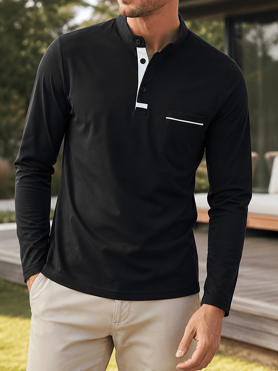 2pcs Men's Stand Collar Long Sleeve Henley Shirt, Casual Half-Button T-Shirt with Pockets, Lightweight and Breathable Stand Collar Pullover Top, Suitable for Daily, Office, and Outdoor Scenes - Black+light Gray