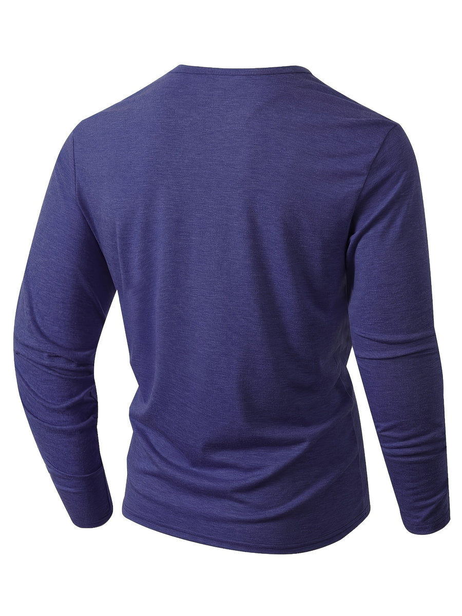 KJ-P026 Plus Size Men'S Summer Henley Long Sleeve Athletic Fitness Multicolor Base Layer T-Shirt - Navy Color