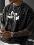 Men'S Vintage Distressed Washed T-Shirt - Chest "Stay Humble" Graffiti Font Print with Ink Drop Effect, Streetwear Fit, Loose Drop Shoulder Style, Breathable And Comfortable, Ideal for Daily Commute, Street Fashion, Casual Gatherings - Mixed colors