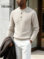 FORLENGKE Men's Intercity Light Travel Relaxed Style Textured Knit Henley Neck Sweater, Half-Open Collar Design Balances Formal and Casual, Durable Dense Knit Construction, Suitable for Autumn/Winter Short-Distance Business Trips, Road Trips - Flower Rice