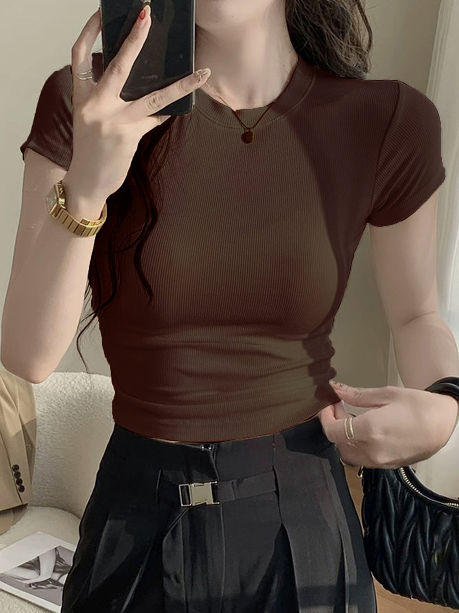 Short-Sleeved T-Shirt for Women in Summer, Easy And Slim-Fitting Hot Tight Short Top - Coffee Brown