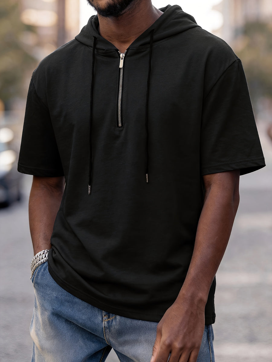 Pearson OBM Men's Casual Fashion Hooded Short Sleeve, Half-zipper Design, Drawstring Design, Soft and Comfortable Fabric, Durable and Practical, High-quality Men's Hoodies, Suitable for Casual Attire and Sports - Black
